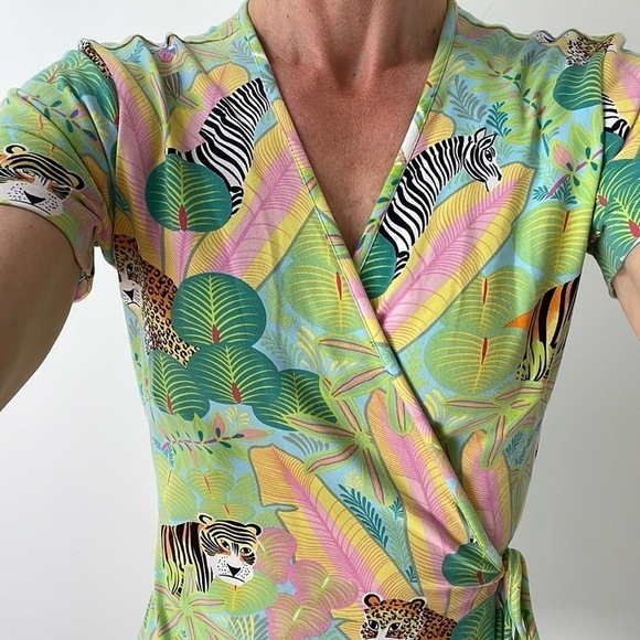 Leggiadro Jungle jersey Wrap Dress Stretch Lycra Tiger Zebra shortsleeve green M - Picture 7 of 12